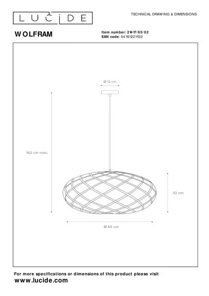 Lucide WOLFRAM - Suspension - Ø 65 cm - 1xE27 - Or Mat / Laiton - TECHNISCH